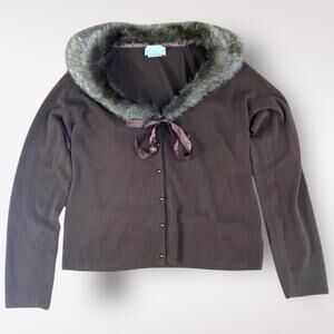 White Stag Vintage Brown Faux Fur V Neck Sweater Size L y2k‎ Indie neutral
